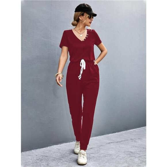 Casual V-Neck Short Sleeve Drawstring Waist Jumpsuit - Picture 2 of 7